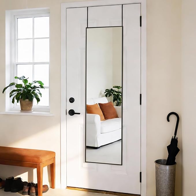 DUMOS 47x14 Full Length Mirror Over the Door, Wall Mounted Full Body Mirror, Door Hanging Metal Aluminum Alloy Frame Dressing Mirror for Bedroom, Living Room, Entryway, Black