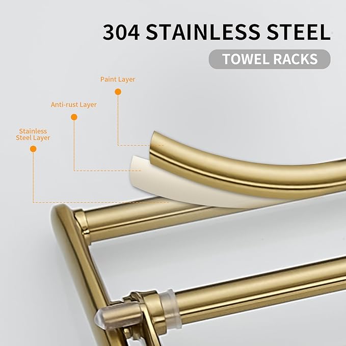 BESy 24 Inch Brushed Gold Towel Racks, Bathroom Towel Shelf with Foldable Towel Bar Holder and Towel Hooks, Wall Mounted Multifunctional Bathroom Accessories, Double Towel Bars