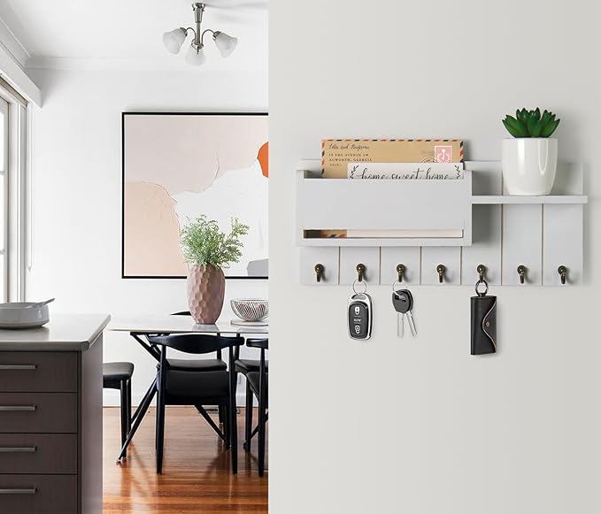RelaxScene Key Holder Wall Mount - Decorative Key Rack and Mail Organizer with 7 Key Hooks - Wooden Key Hanger with Shelf for Living Room Decor - Rustic Farmhouse Home Entryway Aesthetic Essentials