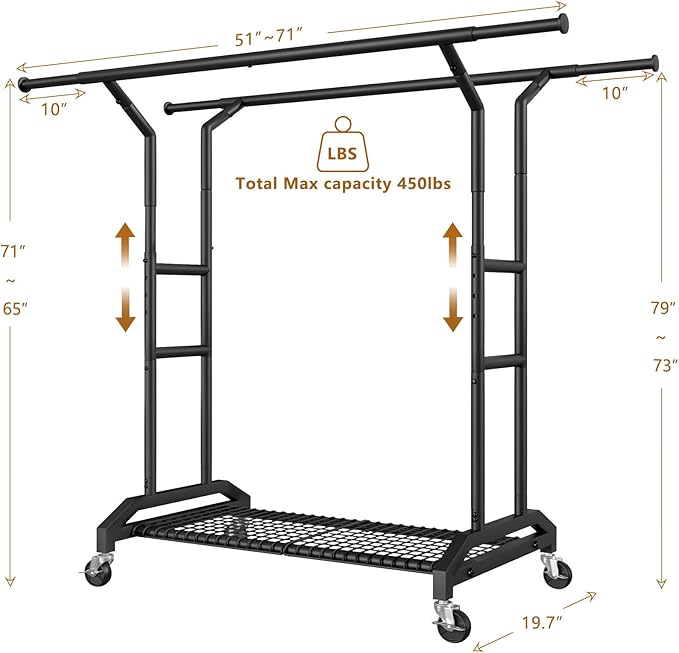 Wiracks Heavy Duty Clothes Rack Double Clothing Rack 450lbs Capacity 3" Industrial Wheels 51"-71" L X 19.7" D X 73"-79" H Stury Rolling Clothes Rack Adjustable Rolling Garment Rack Black