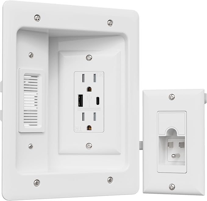 TV Cord Hider for Wall Mounted TV, in-Wall Cable Management Kit, Outlet Box– Dual Outlet Cord Hider with TypeC/USB Power Port & Low Voltage Support, Includes Drywall Saw, Template & Extension Cable