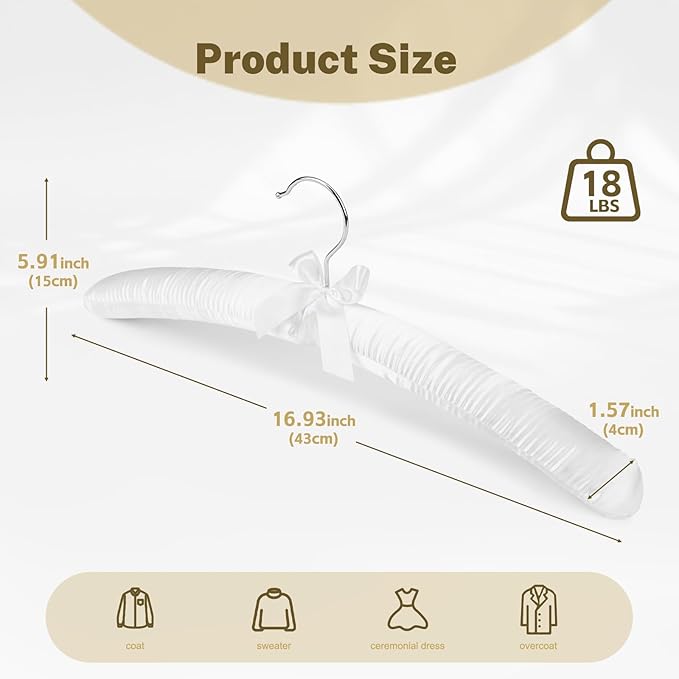 HOUSE DAY 17 Inch Satin Padded Hangers for Women, 10 Pack Heavy Duty Silk Hangers with Swivel Hooks, No Shoulder Bump Thick Foam Hangers for Sweater, Wedding Dress, Coat & Delicate Cashmere - White