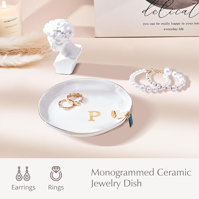 ProCase Ceramic Jewelry Tray, Initial Ring Dish Trinket Plate Engagement Gift, Small Personalized Monogram Ring Bowl for Wedding, White Decorative Jewelry Holder for Women Vanity -Letter P