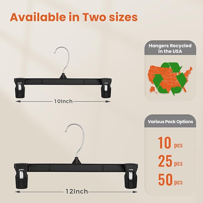 HOUSE DAY Pants & Skirt Hangers - 100 Pack Pants Hangers with Non-Slip Big Clips - Closet Hanger for Shorts, Shirts, Jeans, Slacks, Clothes, Clothing - Durable, Slim & Space Saving (Black 10 Inch)