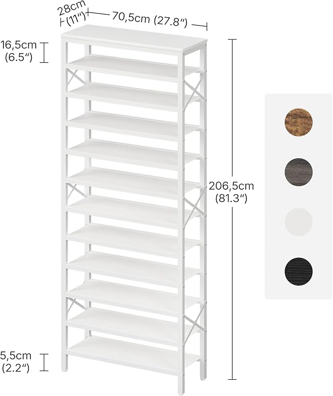 YATINEY 12-Tier Tall Shoe Rack Organizer, Wooden Shoe Storage for Closet Holds 48 Pairs, Sturdy Shoe Shelf with X-Shaped Metal Support, for Entryway, Bedroom, White SS212WW