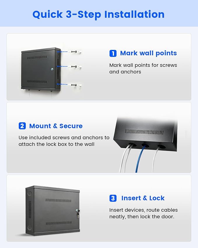 Heavy Duty DVR Lock Box & NVR Enclosure, Lockable Steel Cabinet for CCTV Security Systems, Wall Mount with Ventilation and Built-in Cable Management
