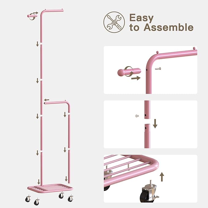 Small Clothes Rack with Wheels, 71" Portable Rolling Clothing Rack with Bottom Metal Shelf, Garment Rack with Hanging Rod, Sturdy Freestanding Coat Rack for Bedroom, Entryway, Pink