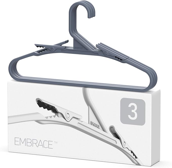 No Hassle-Hangers Best Clothes Hanger Ultra Soft Rubberized Grip Clip Keeps Garments in Place and Off the Floor. Perfect for Wide Neck Silks & Satin Tops, delicates, Athletic wear. (3pk, Slate Blue)