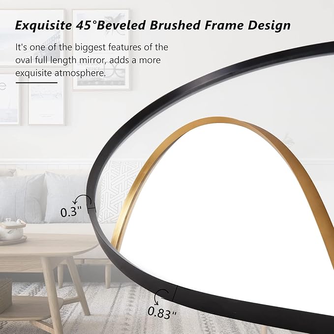 Oval Full Length Mirror, 55"×18" Wall-Mounted Mirror with Black Frame, Ultra-Clear Explosion-Proof Dressing Mirror, Simple and Classic Deco for Cloakroom/Bedroom/Living Room