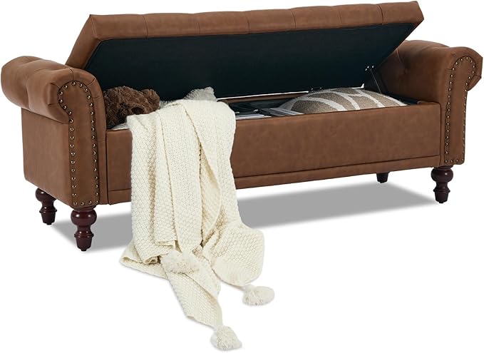 SOFTHION 58.1" Storage Bench Upholstered PU Leather End of Bedroom Bed Bench Ottoman with Tufted Cushioned Rolled Arm Large Storage Space for Reading Living Room Entryway, Brown