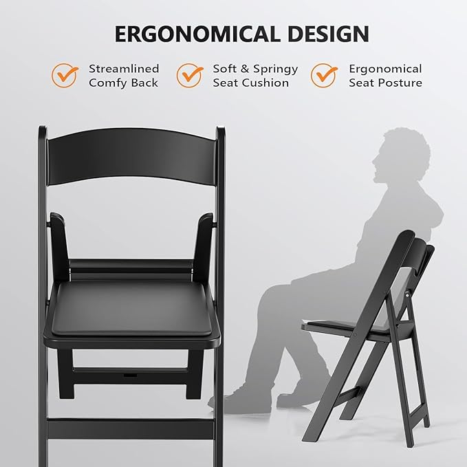VINGLI Black Resin Folding Chair with Padded Cushion, Set of 1, Plastic Foldable Seat for Indoor & Outdoor Use, Comfortable Design for Events, Parties & Home (1, Black, M)