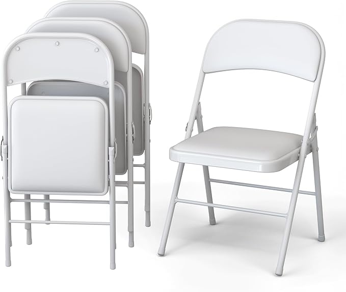 Our Modern Space 4 Pack Leather Chair | Foldable & Stackable | 350 lbs Capacity Steel Frame Seats for Indoor or Outdoor | Commercial Use Events Wedding Party Events Bulk Picnic Kitchen Dining - White
