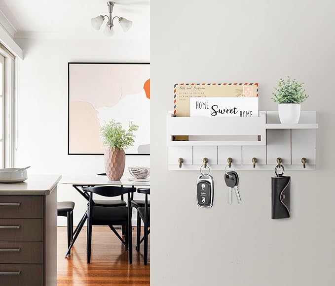 RelaxScene Key Holder Wall Mount - Key Hooks for Wall Decor Living Room - Wooden Key Hanger Rack and Mail Organizer with Shelf for Home Essentials - Modern Entryway House Decor Aesthetic