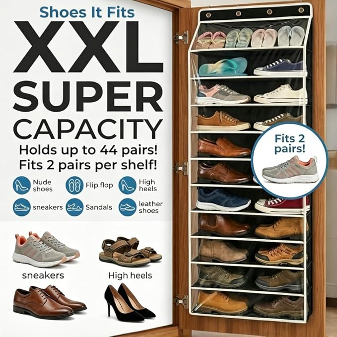 SUREMAX Over The Door Shoe Organizer, 11-Tier Hanging Shoe Rack for Closet Door Fits 22 Pairs, Clear PVC Behind The Door Storage Organizer with Heavy Duty Hooks & Loop Fastener, Black