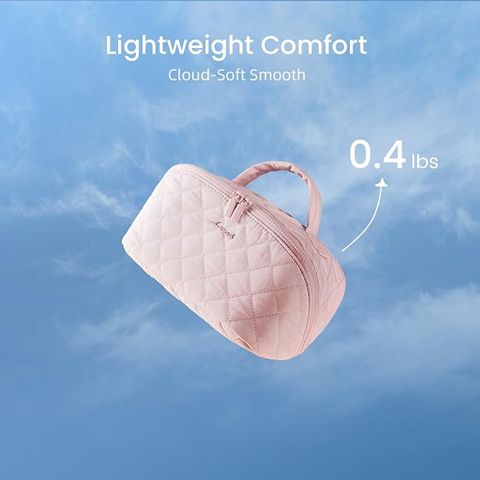 LOVEVOOK Travel Makeup Bag for Women, 2Pcs Puffer Waterproof Cosmetic Organizer, Large Capacity Pouch Open Flat Small Toiletry Bag with Brush Compartment & Handle (Pink-M, Medium)