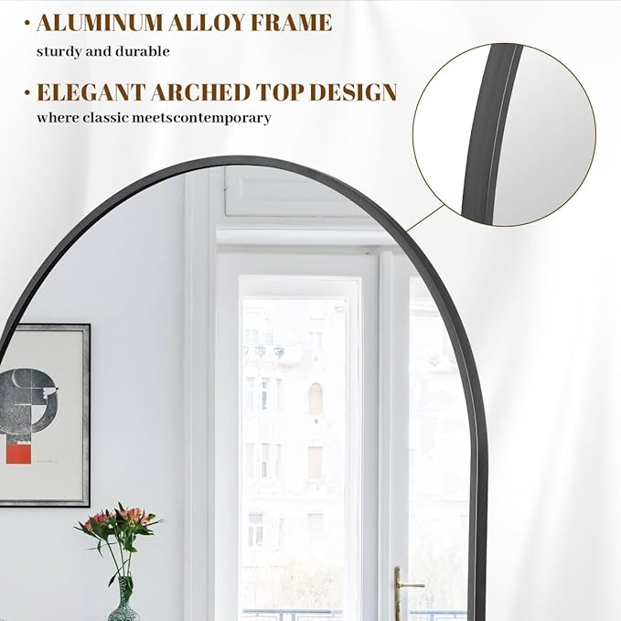 Koonmi 40"x80" Arched Full Length Mirror, Black Large Floor Mirror with Aluminum Alloy Frame, Standing Hanging or Leaning Wall-Mounted Full Body Mirror for Living Room and Bedroom