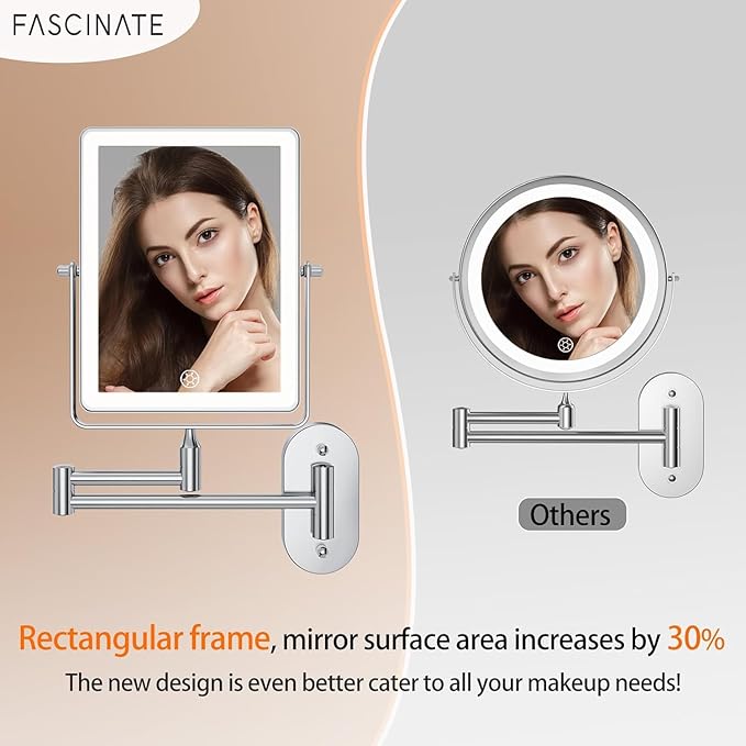 FASCINATE Rechargeable Wall Mounted Makeup Mirror, 4500mAh 8.7" Double Sided Touch Switch 1X 30X Rectangle Wall Mounted Magnifying Mirror with Light, 3 Color Setting, Extended Arm 360° Foldable Chrome