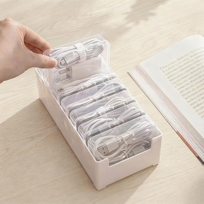 Cable Organizer Storage Box with 7 Wire Ties and Label Stickers,Desktop Cable Management Box with Switch, Power Cord Organizer for Office,Home,Desk Accessories Storage Stationery Supplies（Clear）