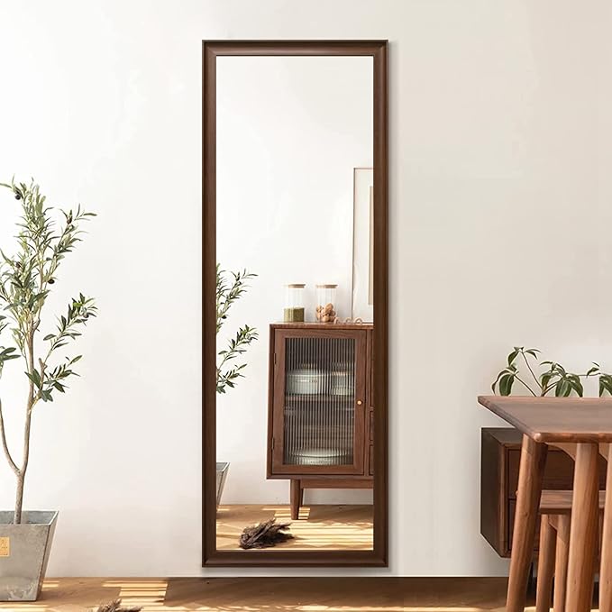 Full Length Mirror Wood Frame, 65x22in Floor Mirror Wall Full Body Mirror with Standing, Leaning Hanging for Bedroom,Living Room, Large Wooden Frame, Walnut