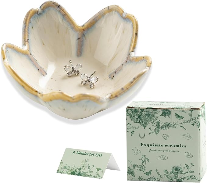 Mecaikru Flower Jewelry Tray Ceramic Ring Dish Jewelry Dish Small Trinket Tray Cute Ring Holder Key Bowl Decorative Plate Gifts For Mom/Sister/Friend, Birthday/Mother's Day/Christmas Gift (grey)