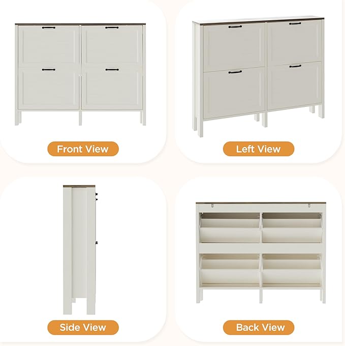 LOUVIXA Shoe Cabinet with 4 Flip Drawers, Narrow Shoe Storage Cabinet, Freestanding Shoe Cabinet Organizer, Hidden Shoe Rack Cabinet for Entryway, Hallway (4-Drawers, Off White-Brown)