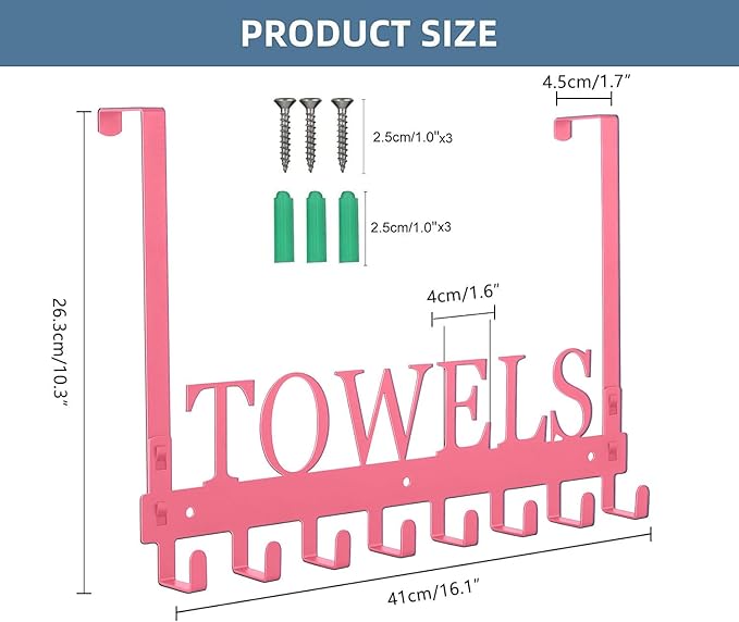 Azmoncy Over The Door Hooks - Wall Mount Towel Hanger with 8 Hooks for Bedroom Bathroom Pool Kitchen Towels, Bag, Coats - Pink