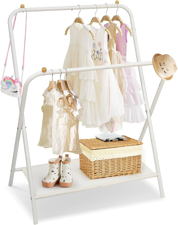 YGJT Kids Clothing Rack 2 Rods, Dress Up Storage for Little Girls with Bottom Storage Shelf, Cute Toddler Wardrobe Cloest Garment for Hanging Coat, Dance Costume, Dresses, Clothes in Bedroom, White
