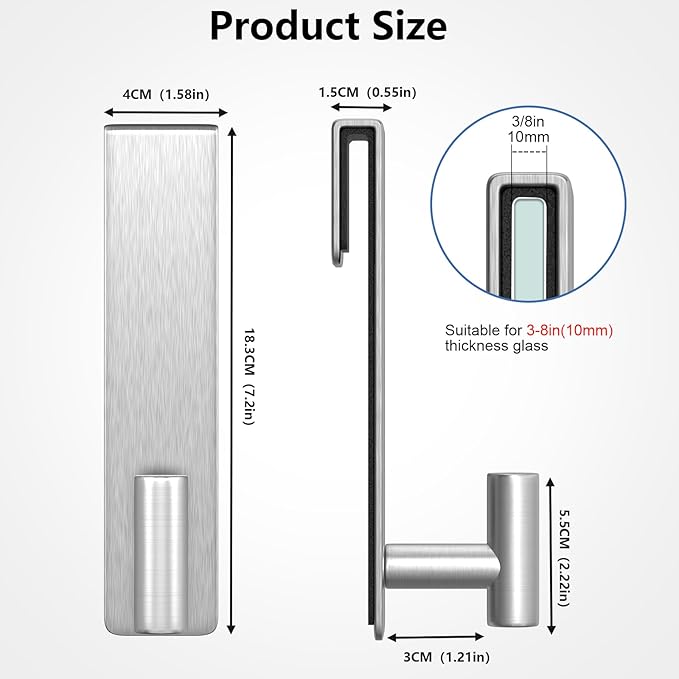 HUFEEOH Shower Towel Hooks, 7.5-Inch Extended Over Glass Shower Door Hanger for Towels & Robes, Rustproof Bathroom Towel Rack, 2-Pack (Silver, T Shape)