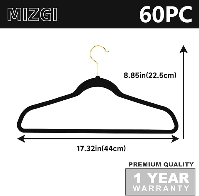 MIZGI Black Velvet Hangers, Premium Gold Finish, Non-Slip Felt, Heavy Duty, Durable Suit Hangers, Space Saving - 60 Pack