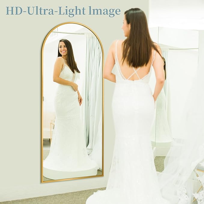 Full Length Mirror with Stand, 56"x14" Arched Full Body Mirror, Large Stand Up Aluminum Frame Floor Freestanding Hanging Leaning Mounted for Bedroom Living Room Entryway Gold
