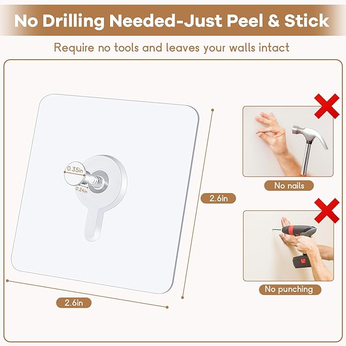22 Pcs Drill Free Adhesive Wall Hooks, 40 lb Capacity Picture Hanging Hooks, Heavy Duty Picture Hangers Without Nails Strong Hold for Bathroom, Kitchen & Entryway