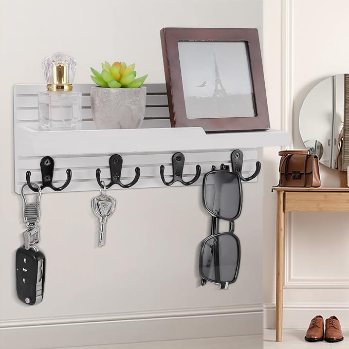 Decorative Key Hanging Rack with 4 Double Hooks – Easy Install Natural Wooden Key and Mail Holder for Wall Mount – Entryway Decor Rack with Shelf (White)