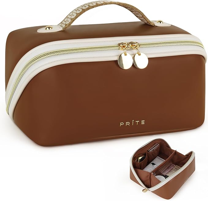 Prite Makeup Bag for Women Travel Waterproof Vegan Leather Cosmetic Bag Open Flat Toiletry Bag With Clear Divider and Handle (Dark Brown, Medium)