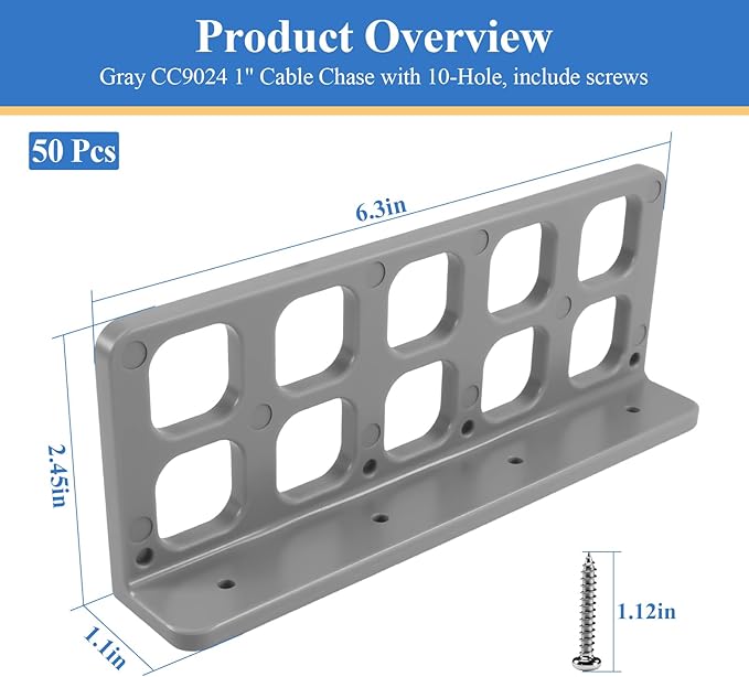 50 Pcs Cable Chase-Wire Bracket Fits NMB Electrical Cord Organized Management, Cable Support Wire Bracket Holder W/Screws, NM Cable Support Organizer, Electrical Wire Dispenser 10-Hole 1-Inch Diameter