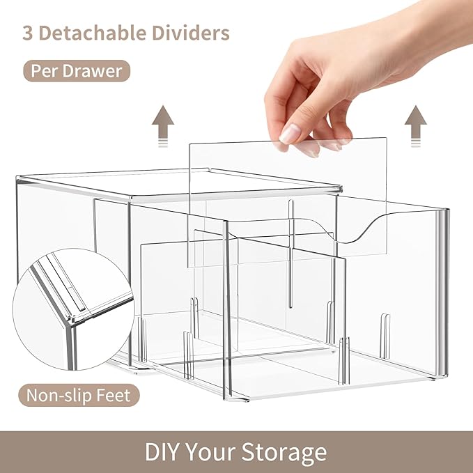 2 PCS Clear Stackable Storage Drawers with Adjustable Dividers, 6 Compartments Plastic Tea Bag Organizers, Acrylic Food Storage Bins for Pantry, Kitchen Cabinet, Fridge, Sugar & Spice Packets, Snacks