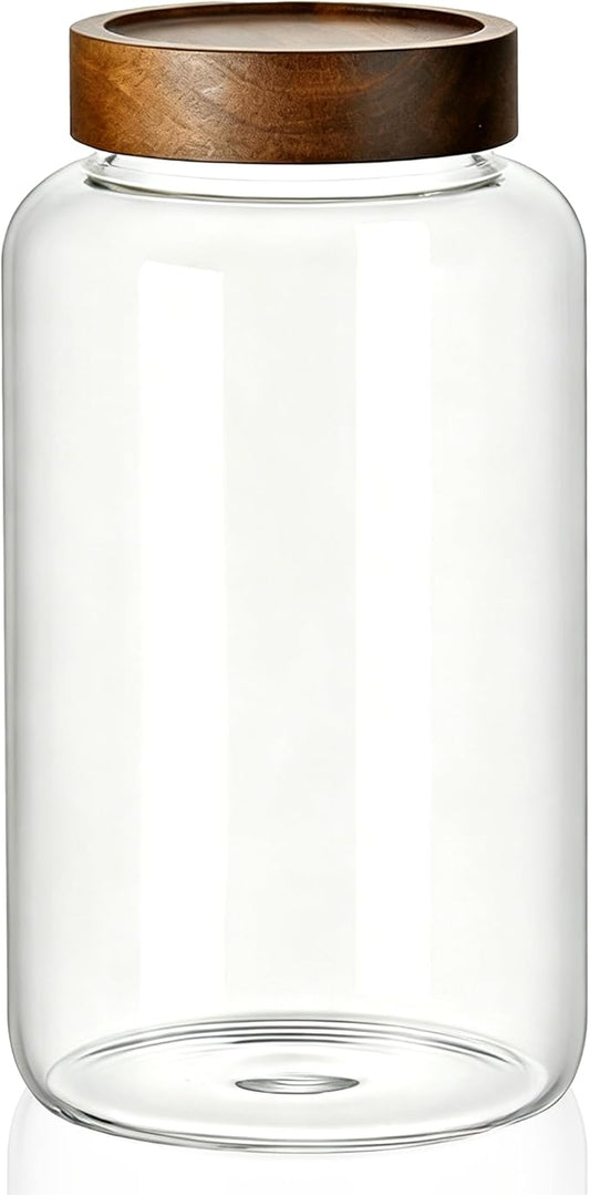77 Fl oz/2300 ml Extra Large Glass Jar with Wooden Screw On Lid, 0.60 Gallon Wide Mouth Clear Airtight Container, Big Food Kitchen Storage Canister for Bean,Cereal,Treat,Pickle,Flour,Rice