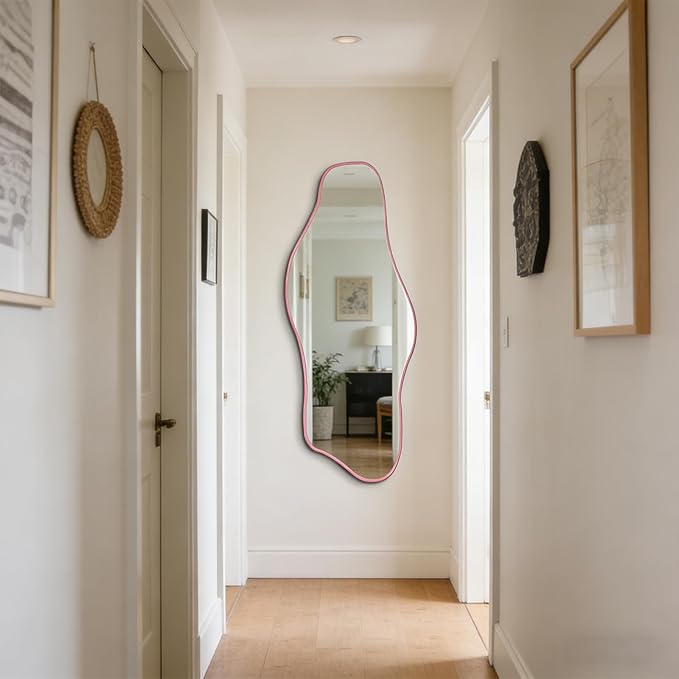 Large Irregular Mirror, 60"x24" Pink Asymmetrical Tempered Glass Mirror, Modern Organic Shape Frameless Mirrors for Living Room Bedroom Hallway Entryway, Horizontal or Vertical Hanging