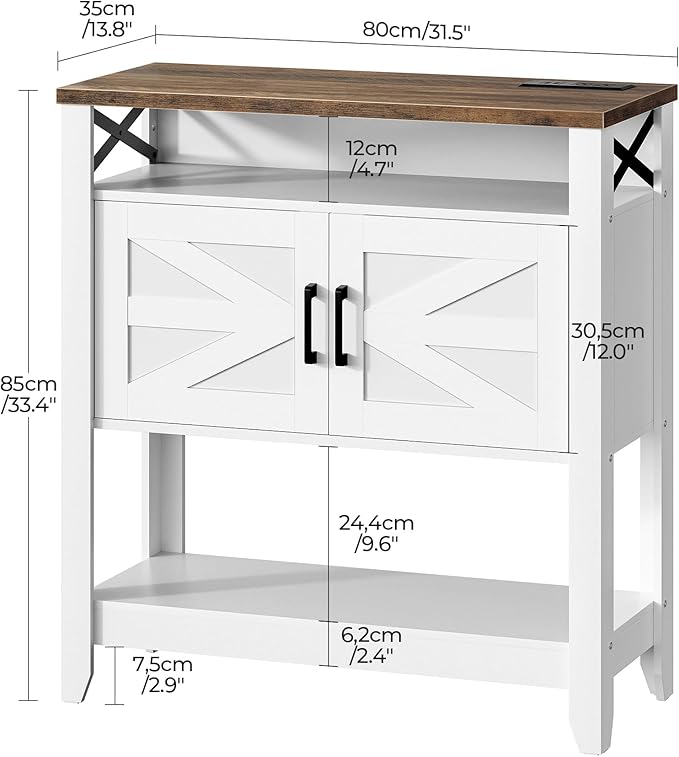 CHOEZON Console Table, Farmhouse Sofa Table with Power Outlet, Coffee Bar Cabinet with Storage, Entryway Table, Coffee Bar Table, for Entrance, Hallway, Kitchen, White and Walnut MXG01UWL