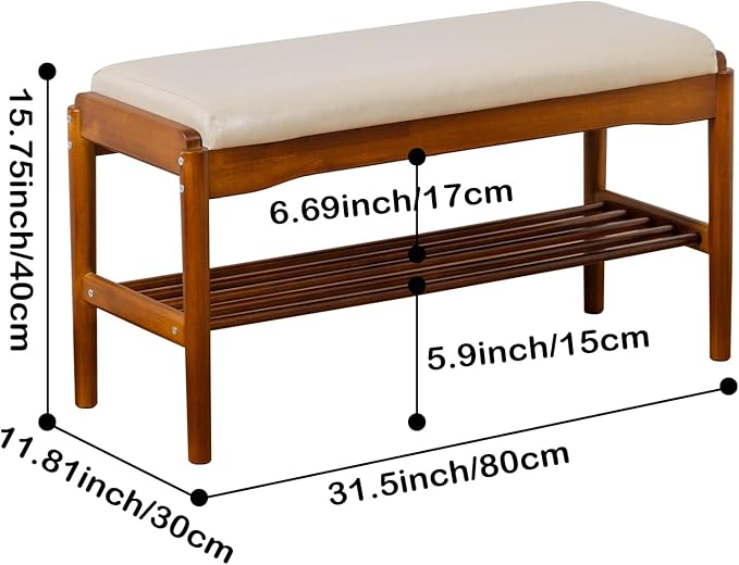 SOBIBO Entryway Shoe Bench with Cushioned Seat, 2-Tier Rubberwood Shoe Rack Storage Organizer for 8-12 Pairs, 31.5" Shoe Storage Bench (Beige)