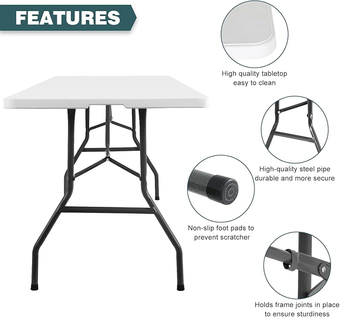 FDW 8 Foot Outdoor Dining Table, Foldable Portable Rectangular Plastic Folding Table with Built in Carrying Handle for Party and Wedding Use, White
