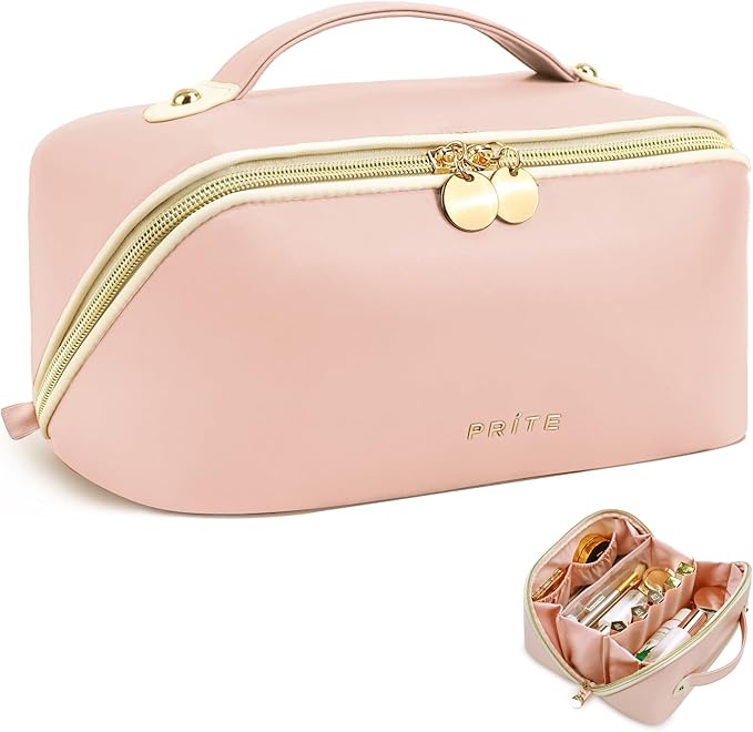 Prite Makeup Bag for Women Travel Waterproof Vegan Leather Cosmetic Bag Open Flat Toiletry Bag With Clear Divider and Handle (Pink, Large Pro)