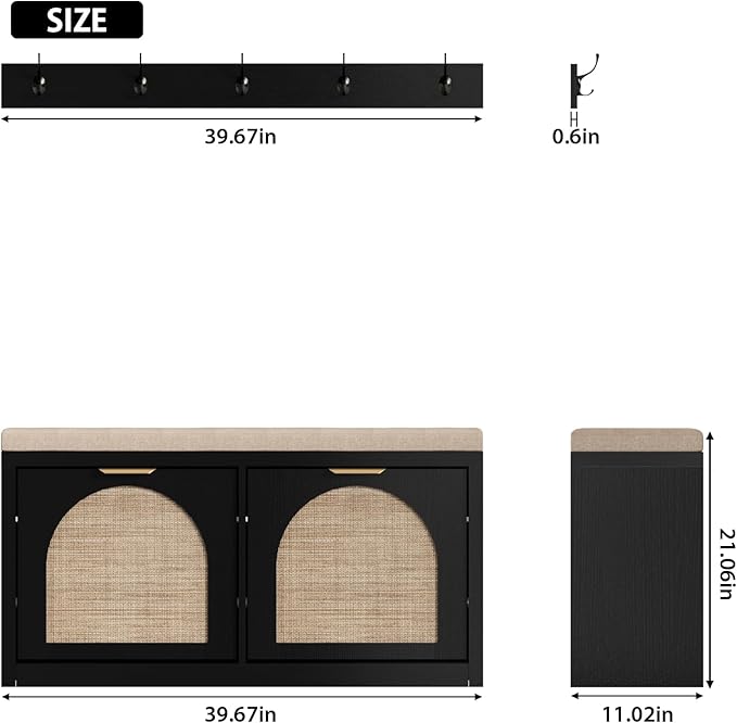 Rattan Narrow Entryway Bench with Shoe Storage, 2 Flip Drawers & Coat Rack, Mid-Century Modern Wood Shoe Cabinet with Seat Cushion for Foyer/Hallway (Black)