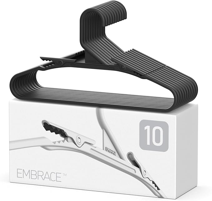 No Hassle-Hangers Best Clothes Hanger Ultra Soft Rubberized Grip Clip Keeps Garments in Place and Off the Floor. Perfect for Wide Neck Silks & Satin Tops, delicates, Athletic wear. (10, Modern Black)