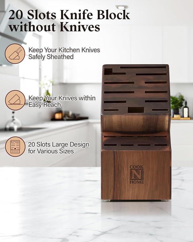 Cook N Home Basics, Acacia Wood Cutlery Storage Block without Knives, Universal Knife Holder Countertop Butcher Block Knife Stand for Easy Kitchen Storage, 20-Slot