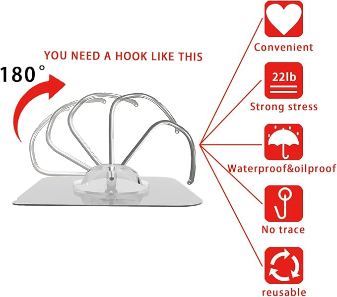 Latoxcaa Heavy Duty Adhesive Wall Hooks - Strong & Transparent, Hold up to 22lb, Waterproof & Reusable, Ideal for Kitchen, Bathroom, and Office (20 Pack)