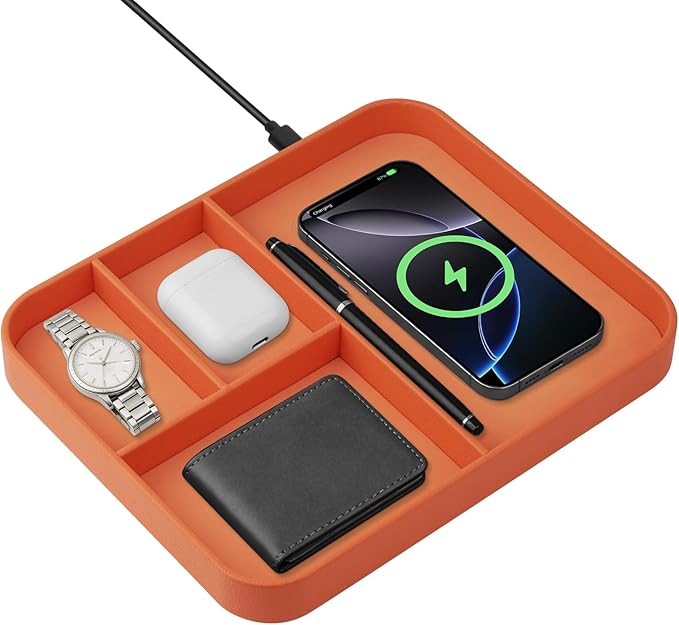 VOVIPO Faux Leather Valet Tray,with 2 in 1 Wireless Charging Compitable With iPhone/17/16/15/15 Plus/15 Pro/15 Pro Max/14/13/12/Wireless earphones,Office/Home Desk Organizers Tray-Orange