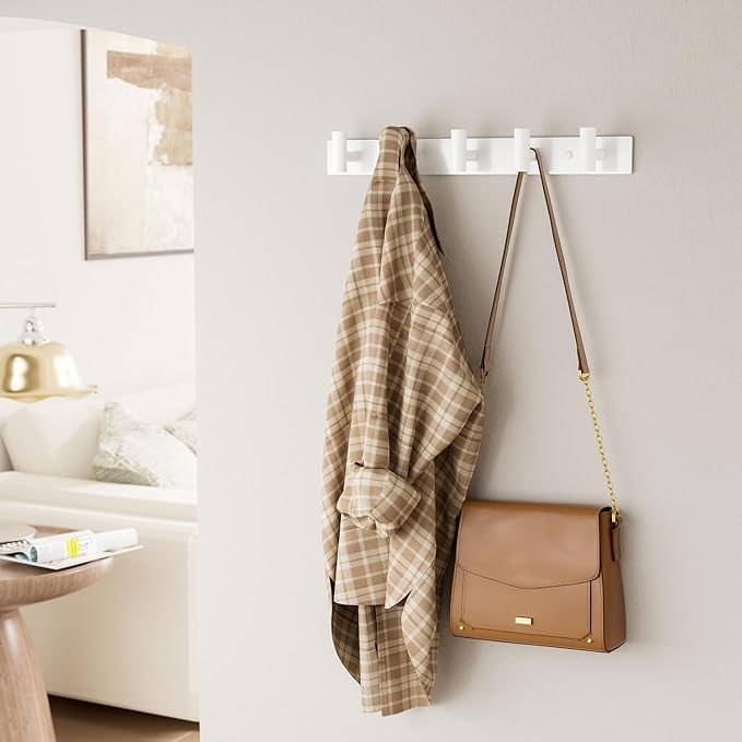 GWAAZXGZ White Wall Mounted Coat Rack – 5 T-Shaped Pegs for Hats, Bags & Towels, Heavy-Duty Metal Rail for Entryway, Bathroom, Closet, Bedroom (1 Pack)