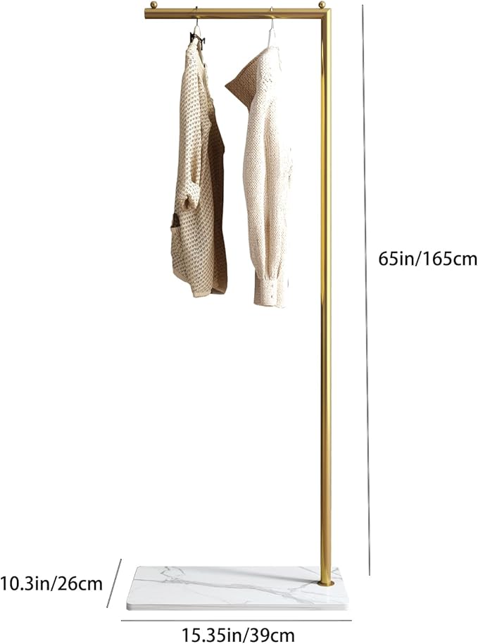 Gold clothing rack with Marble Base,Modern clothes racks for hanging clothes,7-shaped coat rack Freestanding Small garment rack Clothes Hanging Rack for Small Space,Bedroom or cloakrooms