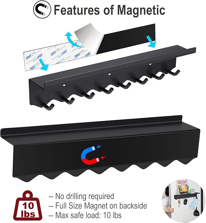Volnamal Key Holder Wall Mount, Magnetic Key Hooks and Mail Organizer Tray with 8 Hooks, Adhesive Key Rack Hanger for Entryway, Refrigerator, Black