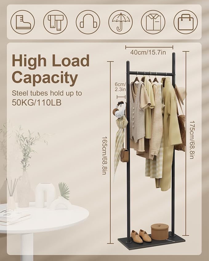 Large Metal Coat Rack Freestanding, Modern Coat Hanger Stand with 2 Hooks and Heavy Rock Slab Base, Industrial Clothes Rack, Garment Rack, 19.7 x 11.8 x 68.9 In, Black, GYJ202MB